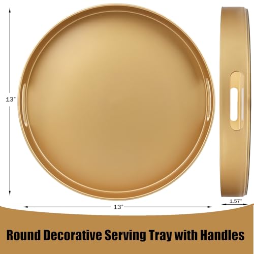 Gold Round Decorative Tray with Handles, 13" Versatile Serving Tray for Coffee Table, Ottoman, Ideal for Serving, Displaying, Organizing - color: R Gold, size: 13"