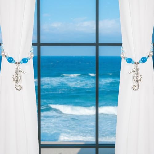 Magnetic Curtain Tieback, 2 Pack Seahorse Curtain Tiebacks, Handmade Beaded Curtain Tie