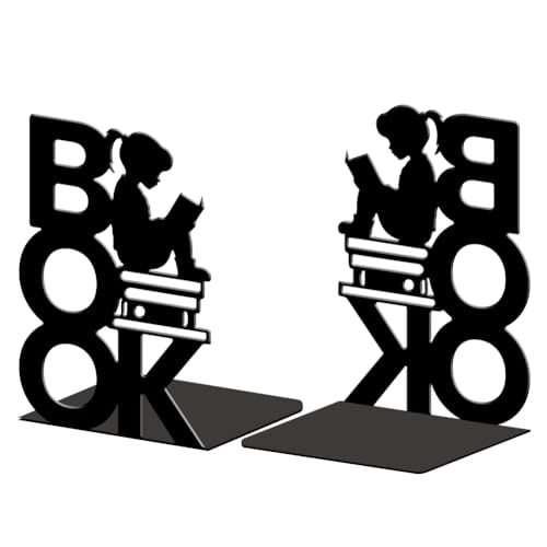 Peacoblue 5.3"x4.3"x7.9" Metal Bookends, Heavy Duty Book Ends for Shelves - color: Book and Reading Girl