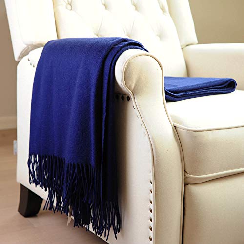 CUDDLE DREAMS Premium Cashmere Throw Blanket with Fringe (Navy) - color: Navy
