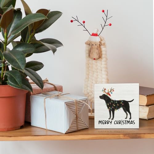 Black Labrador Retriever Merry Christmas Wooden Box Sign Desk Decor, Black Lab Gifts, Christmas Lab Dog Wood Block Sign for Home Office Desk Table Shelf Wall Decorations, 5x5 Inch - color: Black Labrador