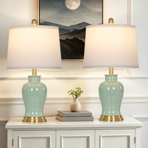 Green Ceramic Lamps Set of 2, Bedroom Lamp with Ginger Jar Design - color: Green