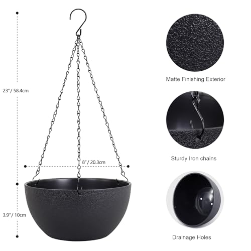 Meowell 8 inch Small Hanging Planters Plant Pots for Indoor Outdoor Plants, 2 Pack Hanging Flower Pots with Drainage Holes and Chain for Garden Porch, Plastic Hanging Baskets for House Plants, Black - color: Black, size: 8inch 2pcs