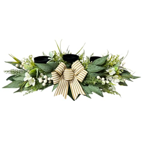 Svndlyn 26 Inch 3 Candle Holder Centerpiece with Greenery and Striped Bow