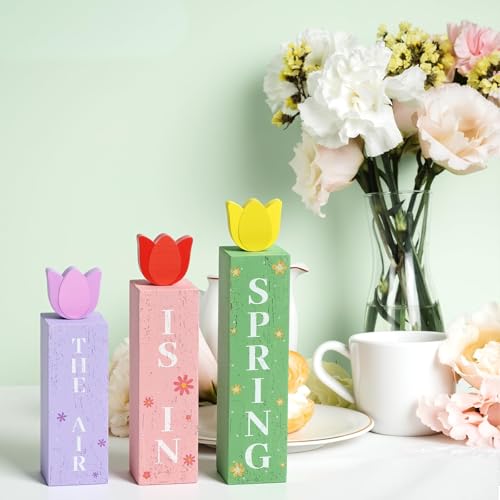 3 Pcs Spring Tulips Wood Table Decor Tulip Flower Block Signs Hello Spring Flowers Table Centerpieces Tulips Spring Holiday Decoration for Home Kitchen Office Desk Easter Decor - style: Spring Tulip