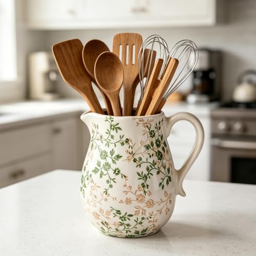 Ceramic Green and White Floral Vase with Handle, Rustic Farmhouse Pitcher Flower Vase, Chinoiserie Floral Vase for Home Decor, Living Room, Shelf, Office, Rustic Table Centerpiece 8 Inch - color: Green and White, size: Large Pitcher