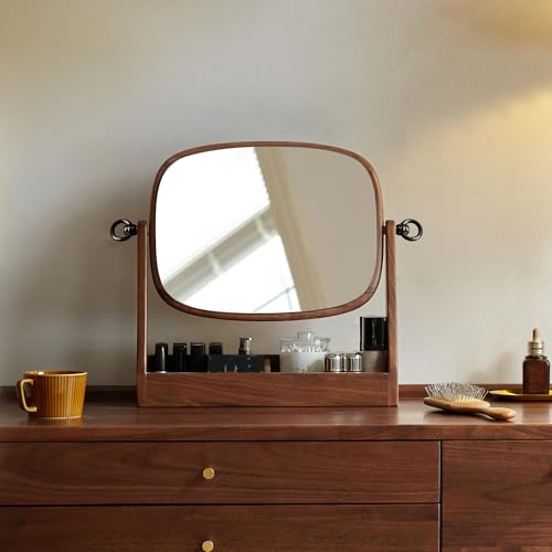 YESWOOD Vanity Makeup Mirror Tabletop with North America Black Walnut Stand, 360 Degree Swivel Magnifying Mirror with Storage for Bathroom or Bedroom, 16inch