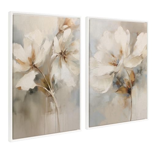 Kate and Laurel Sylvie Beaded Abstract Botanical Floral Linen Painting 1 and 2 Vintage Framed Canvas Wall Art Set by The Creative Bunch Studio, 2 Piece Set 23x33 White, Simple Floral Art for Wall - color: Beaded White, size: 2 Piece Set 23x33