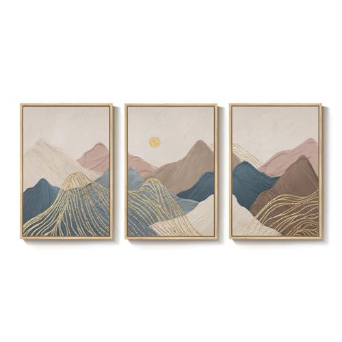 Framed Neutral Abstract Mountain 3 Piece Wall Art for Living Room, 24x36 In - color: Neutral Brown Blue, size: 24" W x 36" H x 3Pcs