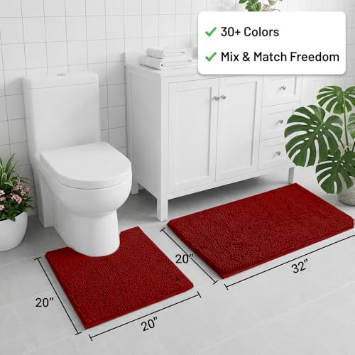 Bathroom Rugs Sets 2 Piece,Super Absorbent Chenille Bath Mats and U-Shaped Toilet Rug,Strong PVC Non Slip Backing,Microfiber Washable Dry Quickly Bath Mats for Bathroom(20"x32"+20"x20"U,Dark Red) - color: Dark Red