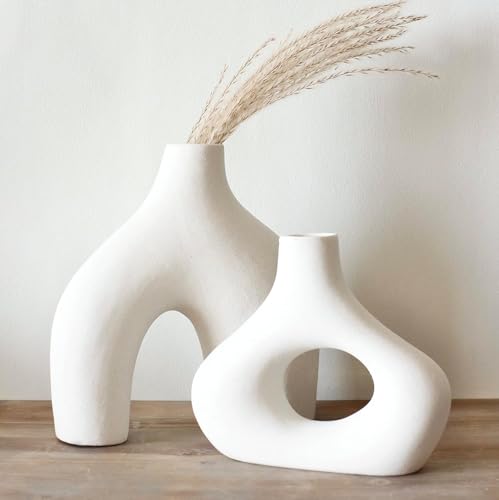 Carrot's Den Ceramic Modern Vase Set of 2, Donut Shelf Decor, Warm White - color: Warm White