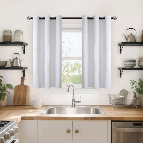 YoungsTex White Linen Blackout Kitchen Curtains 40 Inch Length, Short Thermal Insulated Black Out Drapes with Grommet Privacy for Bathroom Bedroom Window, 2 Panels, 42 X 40 Inch - color: Greyish White, size: 42"W x 40"L (Pack of 2)