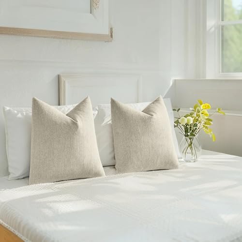 HAUSSY Set of 2 Soft Chenille Throw Pillow Covers 16x16 Inch, Natural Beige - color: Natural Beige, size: 16" x 16" (Pack of 2)