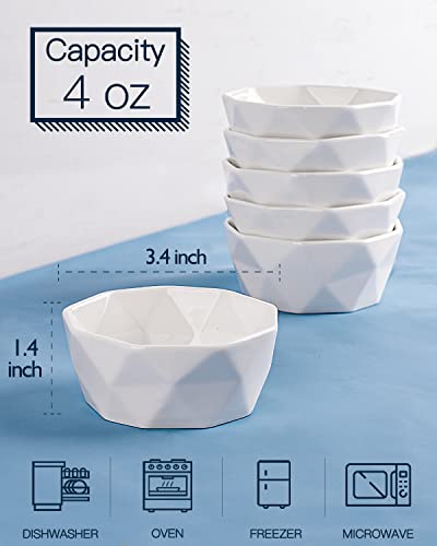 DELLING 4 Oz Ramekins Set of 6, Porcelain Creme Brulee Ramekins Oven Safe, Geometric Souffle Dishes for Baking Dessert Ice Cream, Small Ceramic Bowls Dishwasher Microwave Freezer Safe, White - size: 4oz