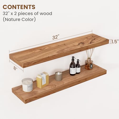Floating Shelves for Wall Decor, 8" Deep Rustic Solid Elm Wood Floating Shelves Wall Mounted, Wall Shelves with Invisible Bracket for Living Room Bathroom Bedroom Kitchen, 32 Inch Set of 2, Natural - color: Natural, size: Flat Edge, 32inch, 2Packs