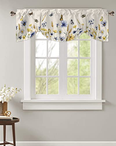Butter-fly Leaves Tie Up Valance Curtain for Kitchen Living Room Bedroom Bathroom Cafe,Rod Pocket Short Window Drape Panel Adjustable Drapary Print,Elegant Fall Yellow Blue Yellow Daisy Beige 60"x18" - size: 60"W x 18"L (Pack of 1)