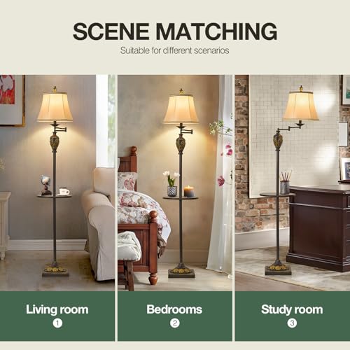 Traditional Floor Lamp with Tray, Remote Dimmable, 350°Swing Arm,Black Gold - color: Black Gold-12