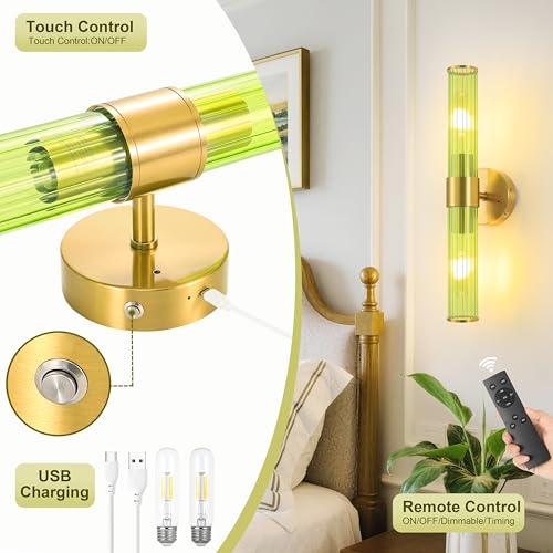 Morauroral Gold Battery Operated Wall Sconces Set of 2, Rechargeable Wall Lights with Remote Control, 20 Inch Modern Wireless Wall Lamp for Bedroom, Living Room with Green Shade (Bulbs Included) - color: Gold (Green Glass)