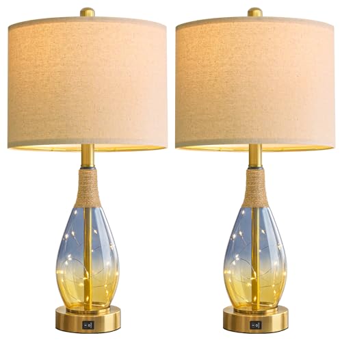 OYEARS 23" Table Lamps for Living Room Set of 2,Bedside Lamps for Night Stands, Rattan Lamps for Bedroom,Farmhouse Lamps with Glass Nightlight,Two Light Points - color: Yellow Blue