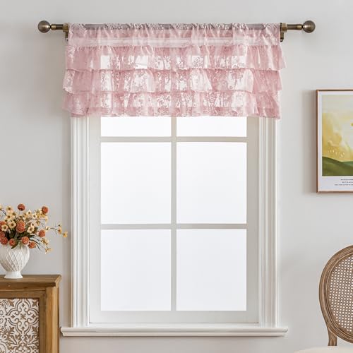 Kotile Pink Ruffle Lace Valance for Windows W52 x L18 Inch, 1 Panel - color: Pink - Ruffle Lace