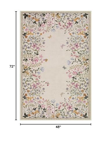 Wonnitar 4x6 Washable Area Rug, Boho Floral Bedroom Rug, Botanical Carpet for Nursery, Beige Non Slip Office Rug, Farmhouse Kitchen Kids Playroom Decor (4x6 Beige) - color: Beige, size: 4' x 6' (Rectangular)