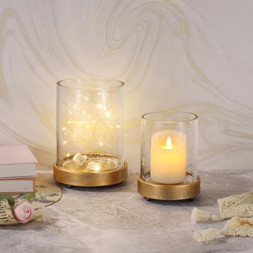 5" Wide Glass Hurricane Candle Holders and Glass Vase with Minimalism Metal Base in Antique Gold, Handmade and Sturdy Glass, Pillars, Flower Arrangement, Centerpiece, Dining Table, Console, Mantel - color: Antique Gold, size: 5"x6.5"