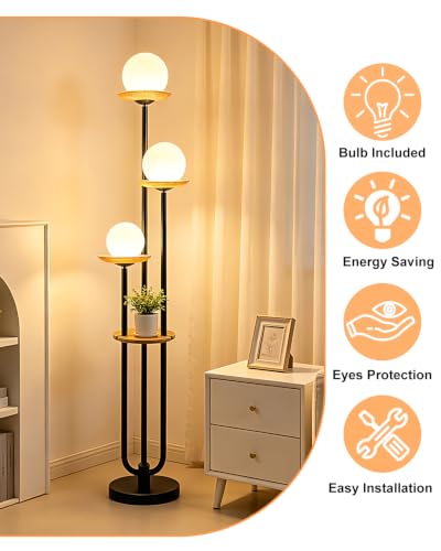 Lightdot 3-Globe Floor Lamp Dimmable with Green Glass Tray Black Floor Lamp - color: Amber-3U Black