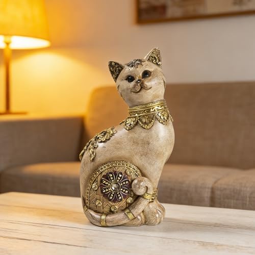 Cat Figurine, Resin Statue, 7.09in Ornate Wood Effect Home Decor