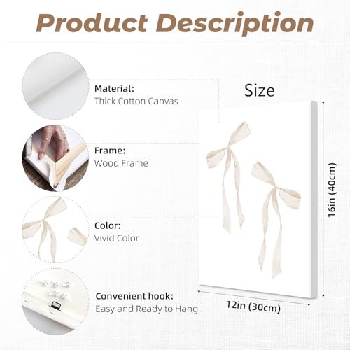 Preppy Bow Wall Art Decor Set of 3 Beige Coquette Wall Art Aesthetic Canvas Posters Trendy Girly Wall Decor Beige Bow Prints Preppy Pictures for Living Room College Apartment 12x16 Inch Ready to Hang - color: Beige Bow Prints, size: 12x16 Inch Wrapped Can