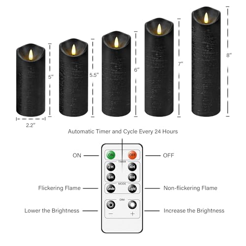 Nimiko Flickering Flameless Candles with Remote Control and Timer Set of 5 Pc Real Wax LED Pillar Candles, Battery Operated Candles(D2.2×H5/5.5"/6"/7"/8") Home Decor Flameless Candles(Black) - color: True wax black