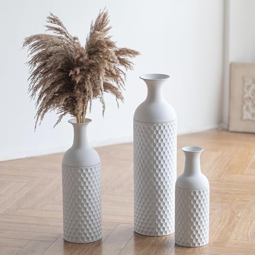Sziqiqi White Tall Floor Vase, Metal Vases with Honeycomb Texture, 3Pcs - color: White