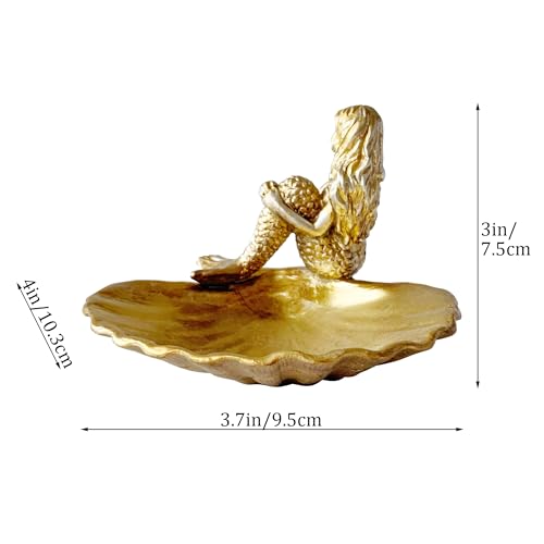 Jewelry Dish, Resin Mermaid Shell Dish Ring Holder Jewelry Organizer Trinket Dish, Golden Mermaid Shell Statue Home Decor for Home Office Desktop Bookshelf - color: Small Mermaid