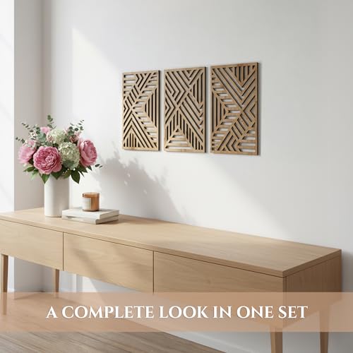 qmmp Modern Wooden Wall Sculptures - Set of 3 - Home Decor Accent - Large Wall Art for Living Room, Bedroom, Office - Easy Installation (Oak, Medium - Direction) - color: Oak, size: Medium - Geometric Shapes