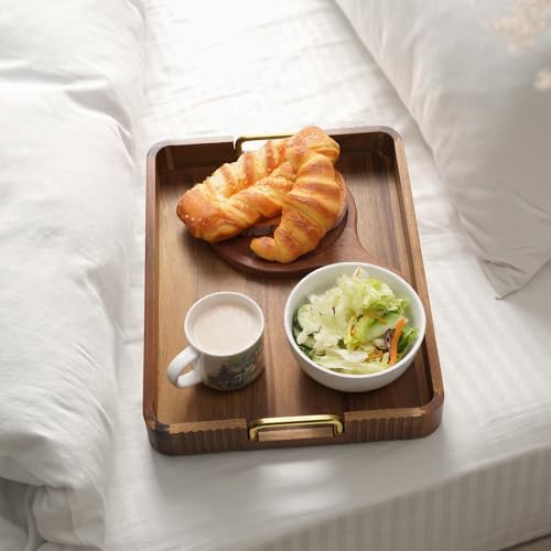Acacia Wood Serving Tray with Gold Handles (Natural, 17" x 13" x 2") - color: Natural Acacia / Gold Handle, size: 17” × 13” × 2”