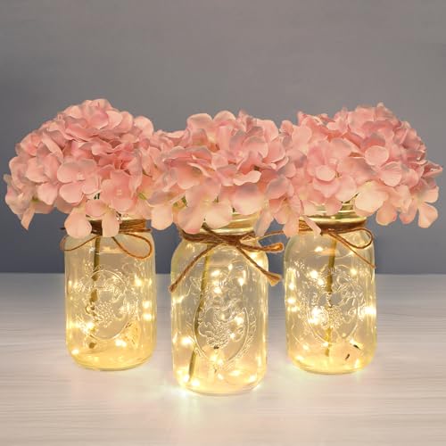Set of 3 Mason Jar Lights, Pink Hydrangea Holiday Table Decor - color: Jar-pink Hydrangea