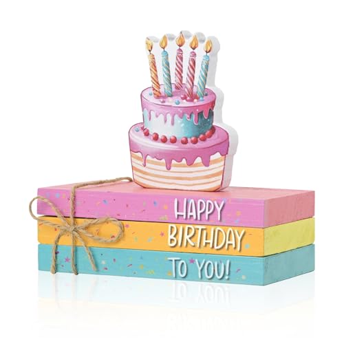 Smile Birthday 나무 장식, 미니 인조 책 번들, 나무 사인 블록 다채로운 생일 축하 계층형 트레이 센터피스, 홈 오피스 농가 책상 선반 벽난로 파티 장식용 소박한 테이블 탑 - style: 생일 케이크