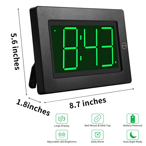 Alarm Clock,3" LED,3-level Brightness,Battery Operated,Wall-mount/Table-top - color: Black Case-green Led Digit