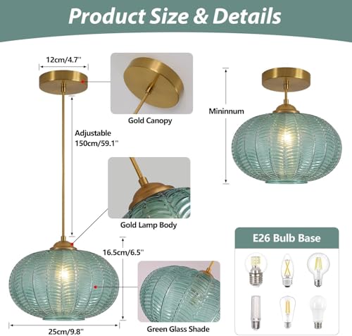 KCO Lighting Green Glass Chandelier Vintage Gold Pendant Light Large Green Ribbed Ceiling Light Antique Brass Hanging Light Mid Century Modern Pendant Lights Kitchen Island - color: 25cm-Green