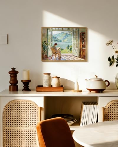 WHASAYART Vintage Framed Window Lake Landscape Reading Woman Wall Art 12x16 - color: Reading Time, size: 16"L x 12"W