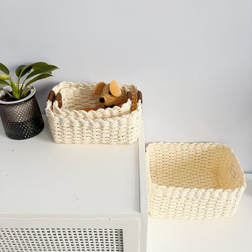 QINGTUHONE Woven Paper Rope Wicker Basket for Organizing(Set of 3,Beige) - color: Beige