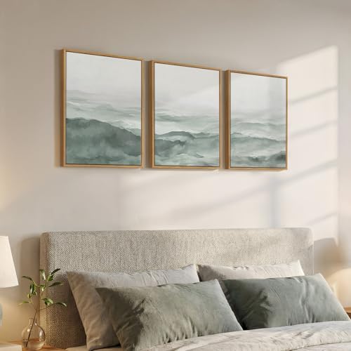 Framed Green Misty Mountain Landscape Canvas Wall Art Bedroom, 12x16 Inch - color: Pastel Green, size: 12" W x 16" H x 3Pcs