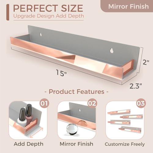 4 Pack 15 Inch Rose Gold Reflective Acrylic Floating Wall Shelves - color: 15in-rose Gold Mirror