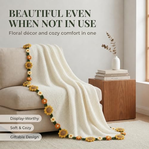 Sunflower & Puff Crochet Flower Bouquet Blanket, Knitted Throw Blanket - color: Sunflower & Puff, size: Large