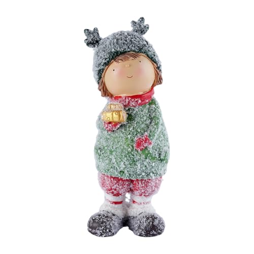 Christmas Boy Figurine with Snowy Antler Hat Small People Figurines Holding Golden Lantern Resin Freestanding Winter Holiday Decorations for Home Mantel Tabletop Display, 9"
