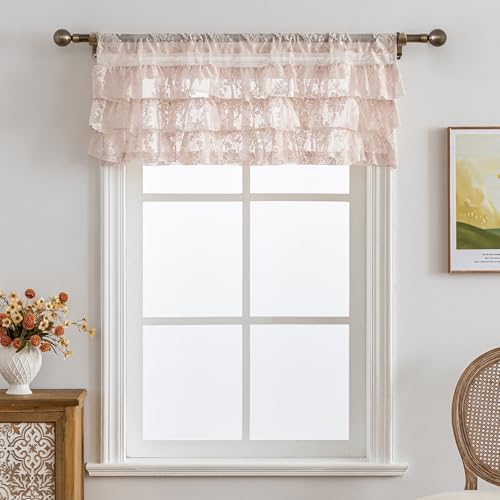 Kotile Blush Pink Ruffle Lace Valance for Windows W52 x L18 Inch, 1 Panel - color: Blush Pink - Ruffle Lace