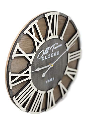 18" Rustic Farmhouse Wash Out Vintage Roman Wooden Wall Clock Silver Hands (Whitewood Lettering, 18 inch) - size: 18 inch
