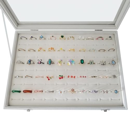100-Slot Ring Organizer Box with Dust-Proof Transparent Glass Lid - color: Beige-100 rings