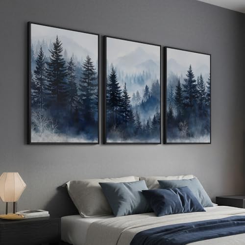 Framed Blue Foggy Forest Mountain Wall Art for Living Room, 3 Piece, 24x36 - color: Blue, size: 24" W x 36" H x 3Pcs