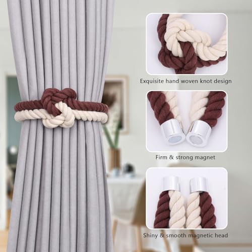 NICEEC Cotton Rope Magnetic Curtain Tiebacks, 4 Pack, Coffee & Beige - color: Coffee & Beige, size: 4 Pack