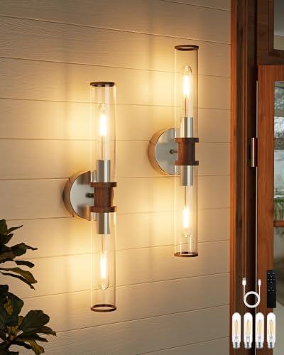 Rayogale Nickel & Walnut Wireless Battery Operated Wall Sconces with Remote - color: Nickel & Walnut(Clear Tubular Lampshade)